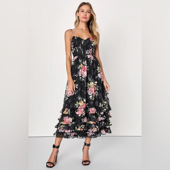 Lulus Dresses & Skirts - Lulu’s Elegant Radiance Black Floral Print Bustier Midi Dress